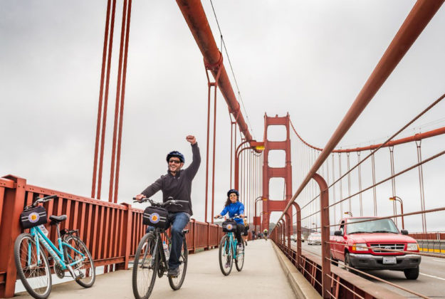 biking on golden gate bridge - bay city bike
