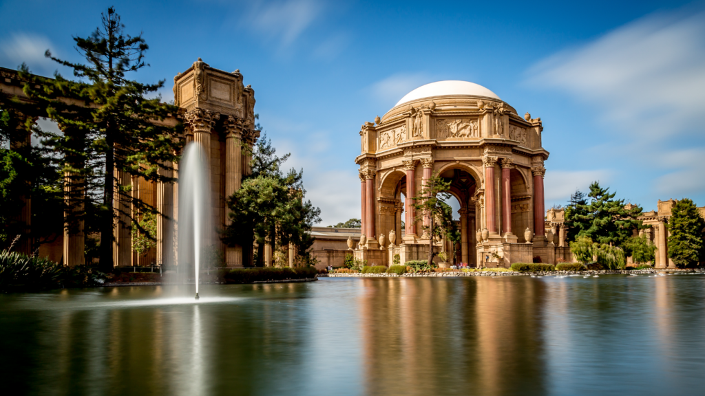 the water ponds in front of the Palace of Fine Arts