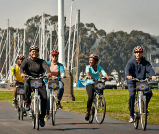 a large group on a bike tour riding e-bikes in sf