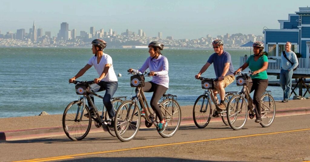 Four people riding bikes in San Francisco