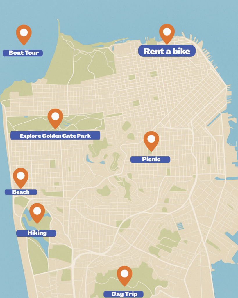 a map shows the different outdoor things to do in san francisco including renting a bike and hiking